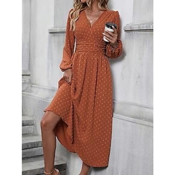 Shein Dresses & Skirts - Shein Women Long Sleeve Dot Neck Lantern Sleeve Ruched Waist Dress size XL